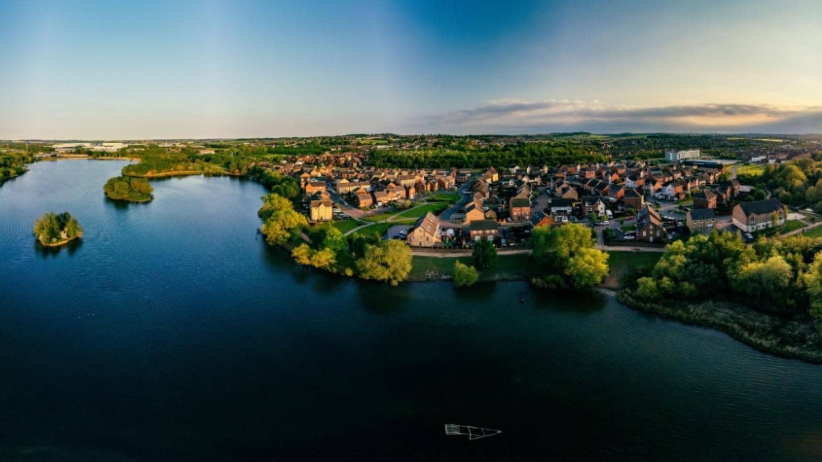 Panoramic drone aerial view of Manvers Lake, Rotherham, South Yorkshire, Wath upon Dearne