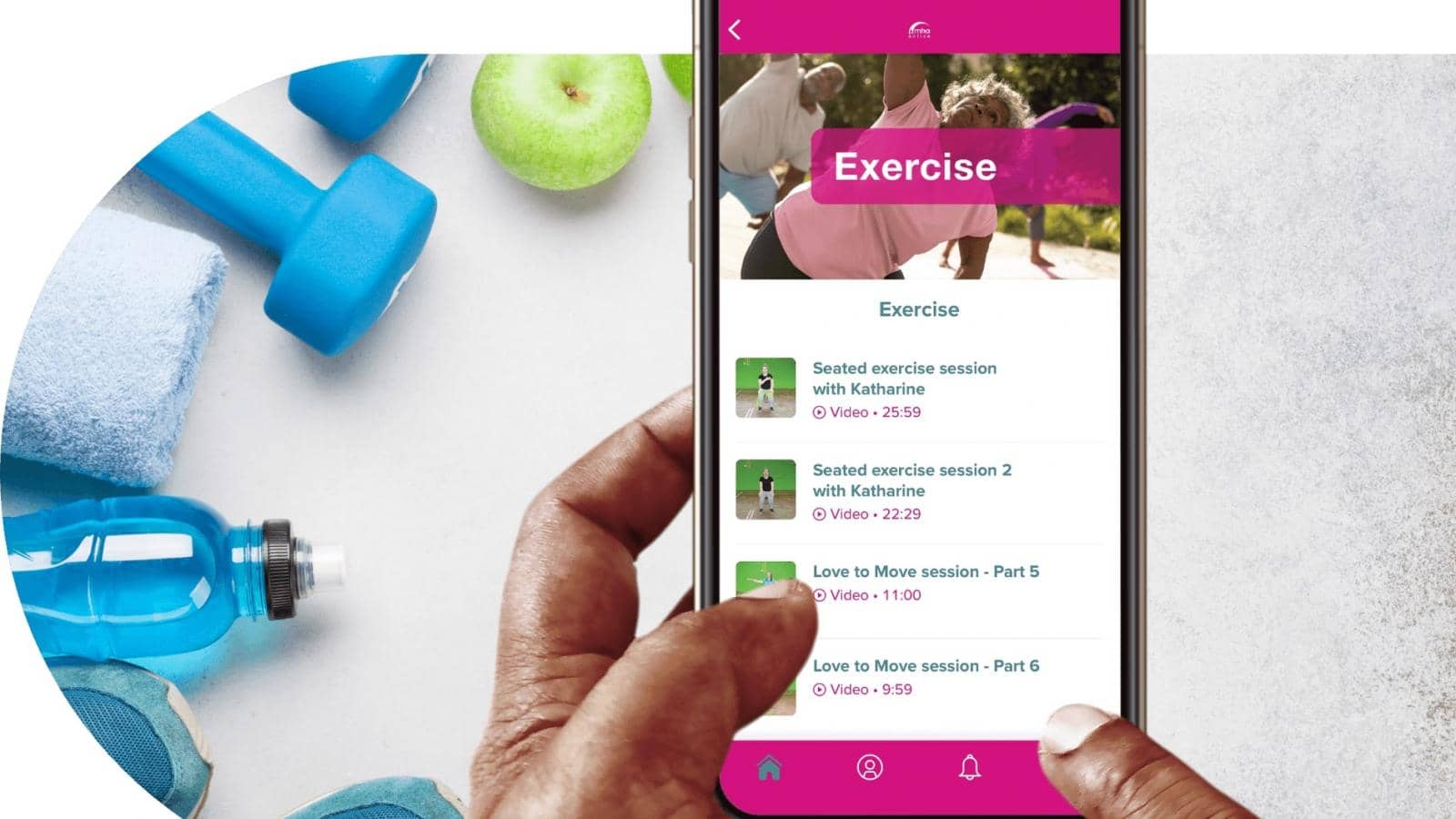 Hands browsing the exercise page of the MHA Active app
