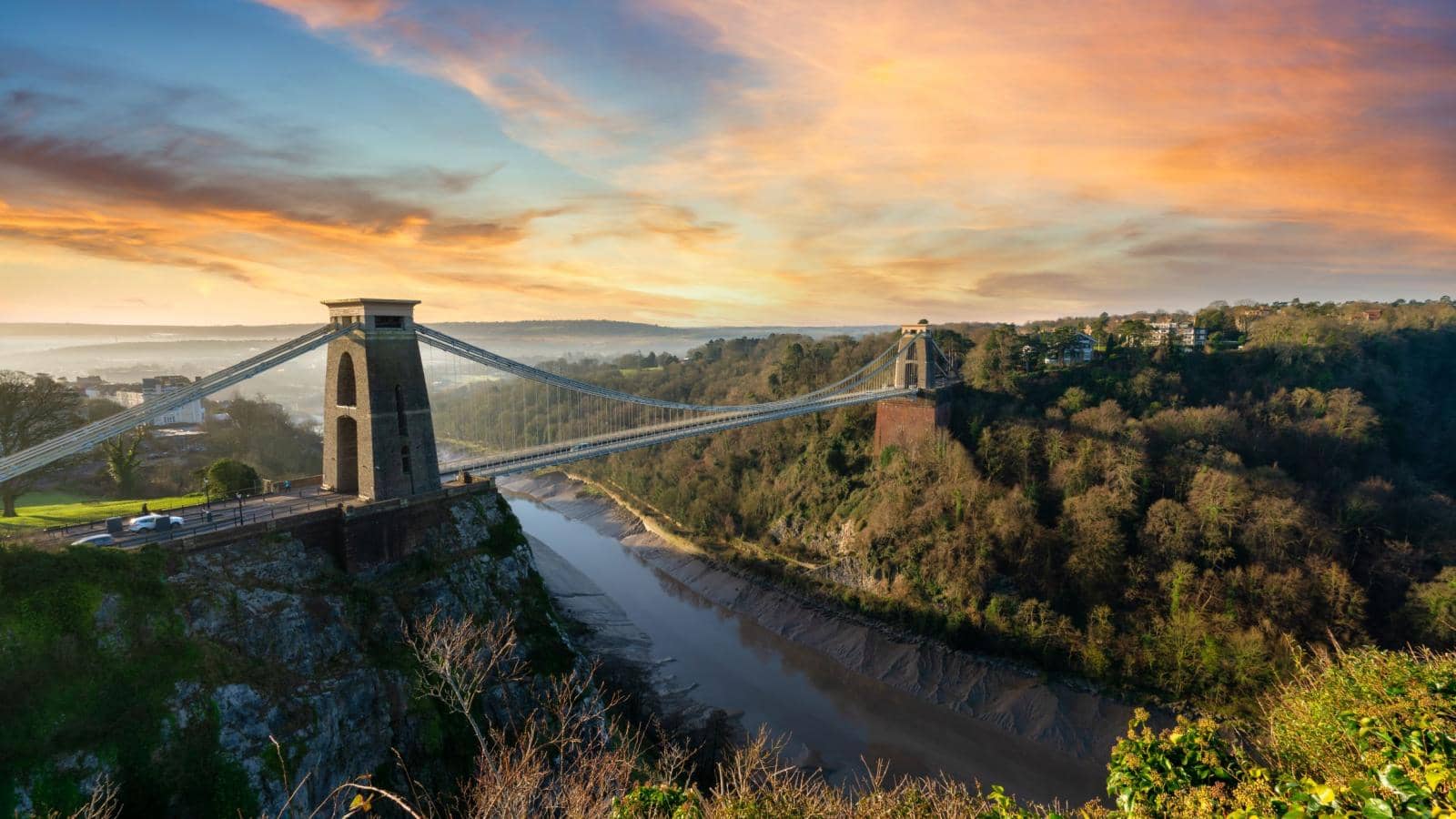 Clifton suspension bridge at sunrise in Bristol, England