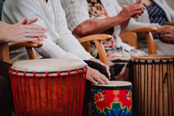 Drums in a music therapy session at MHA Communities Burntwood