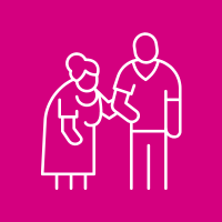 old lady holding mans arm icon pink background