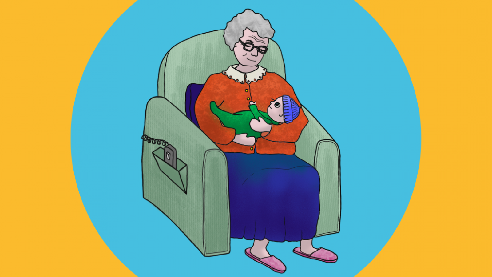 illustrations from the book Finding nana - an older lady sat in an armchair holding a baby