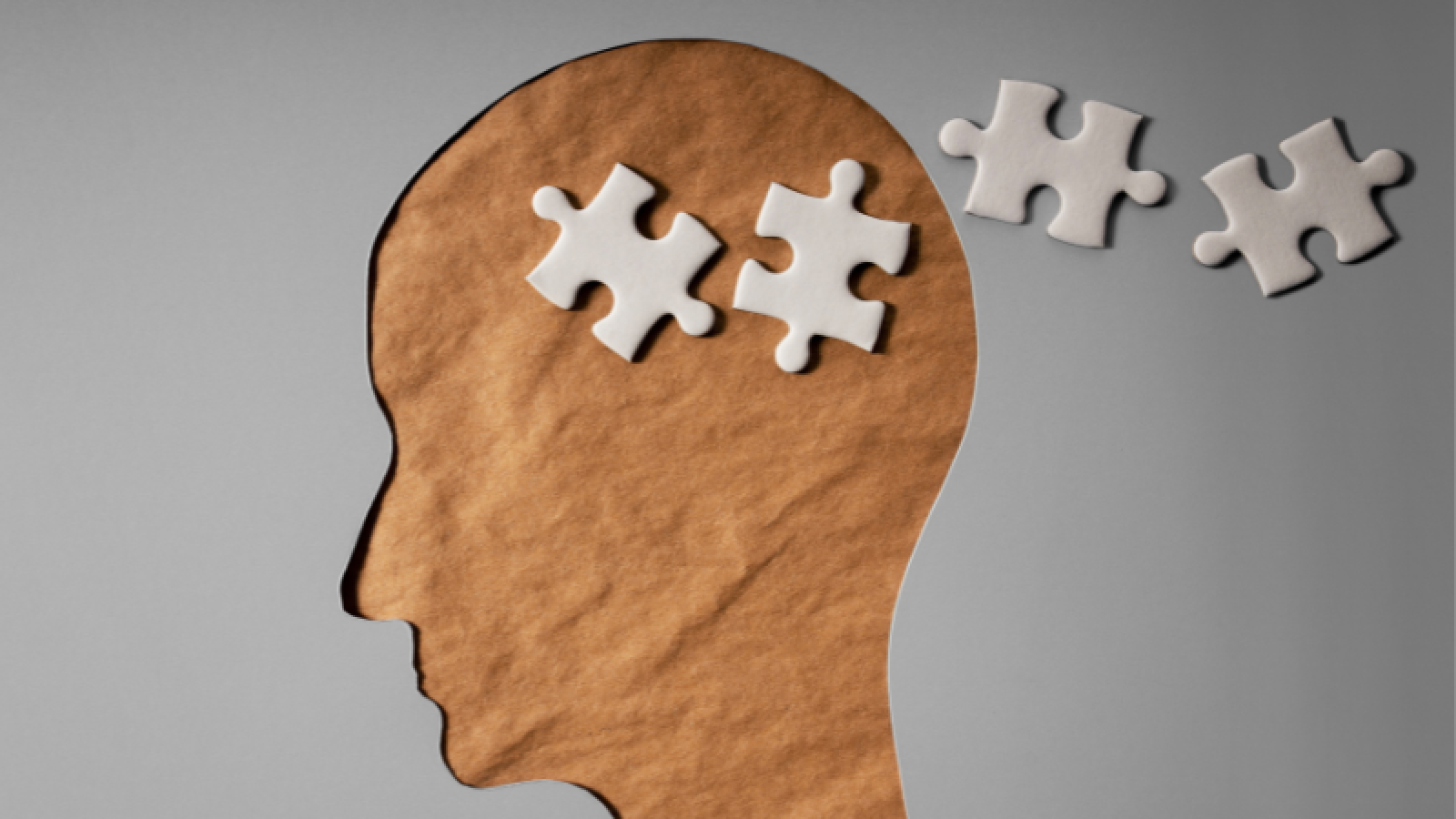 A side profile on a person is cut out of paper with some jigsaw pieces on the brain area and some next to it.