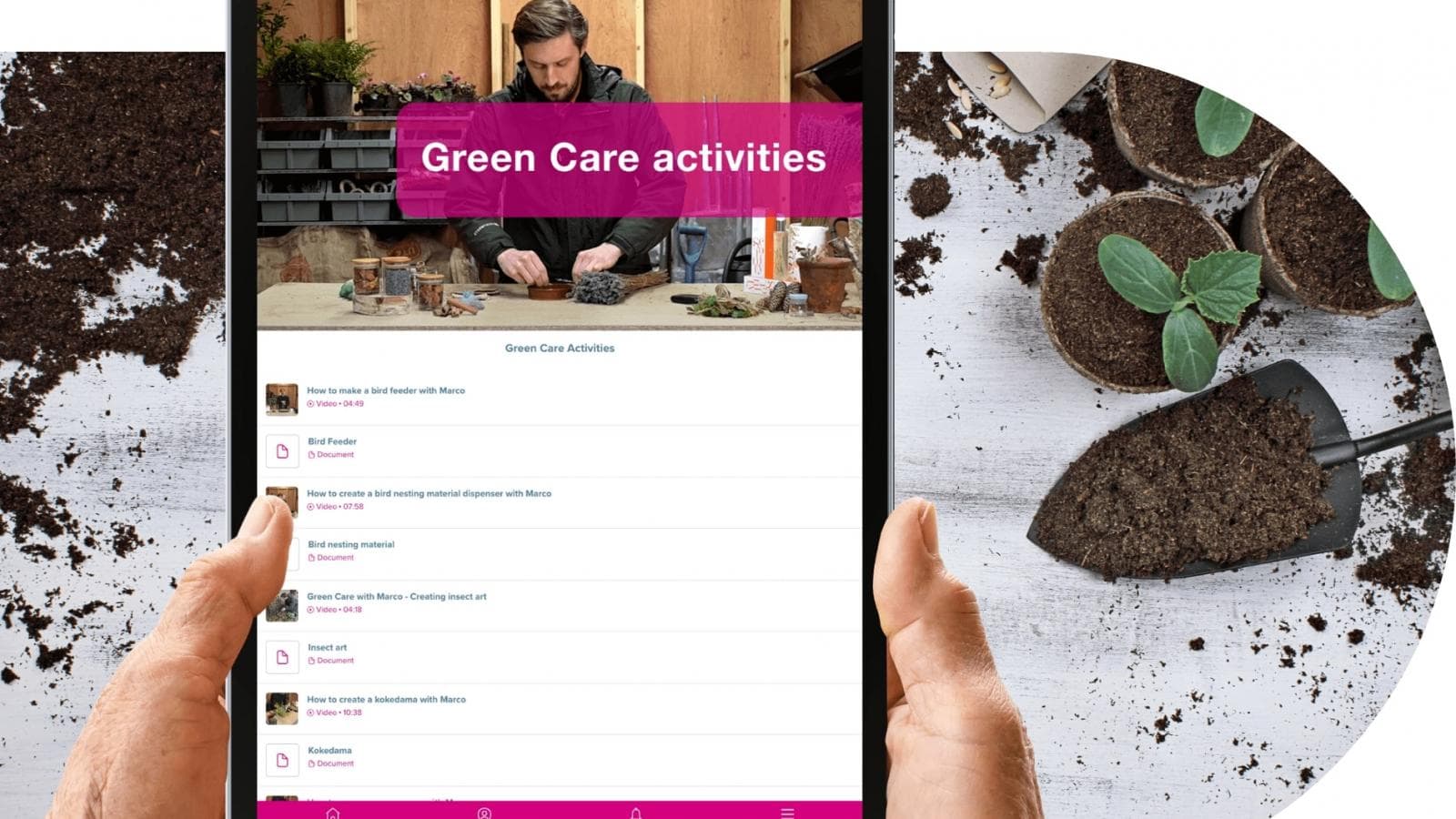Hands browsing the green care page of the MHA Active app