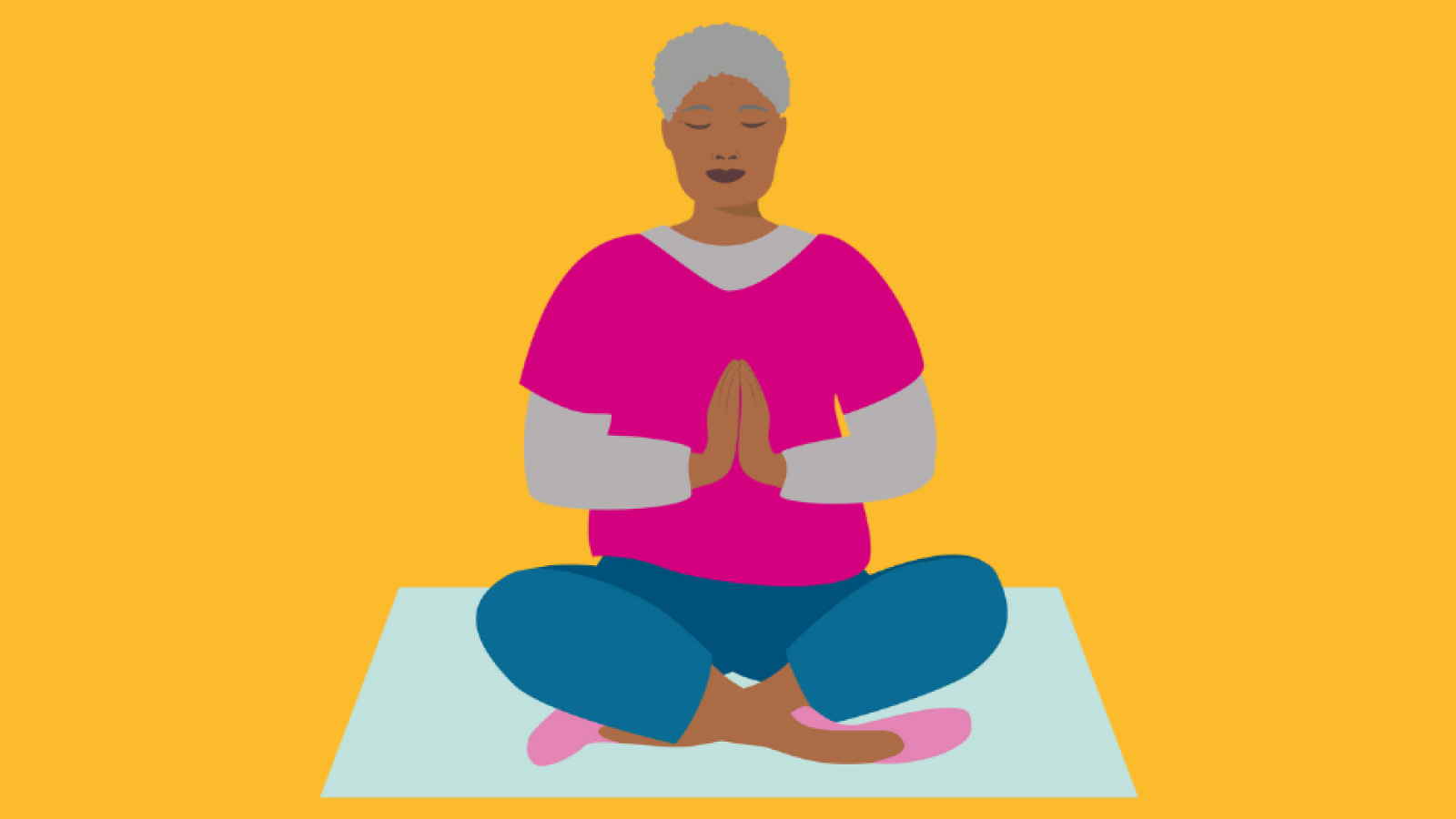 Illustration of an older woman sat on a yoga mat with her hands in the prayer position 